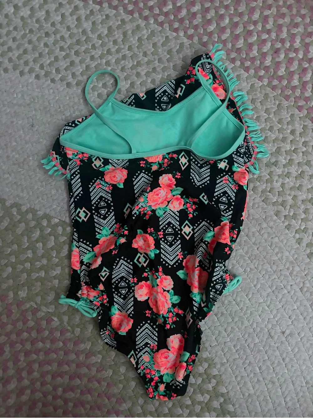 Kids Floral Fringe One-Piece Swimsuit - Black & Mint